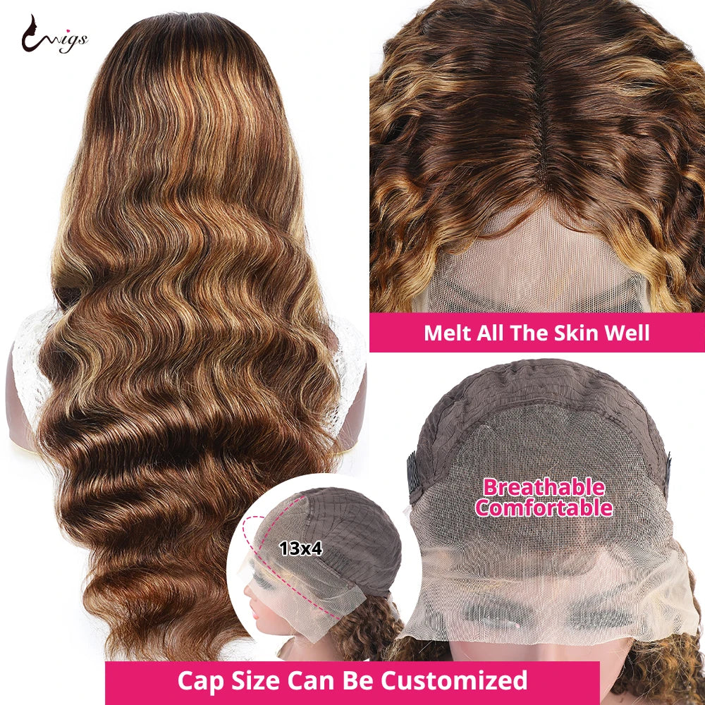 Highlight Body Wave 13X4 Lace Front Wigs Human Hair Honey Blonde Lace Front Human Hair Wigs Brazilian Body Wave Wig