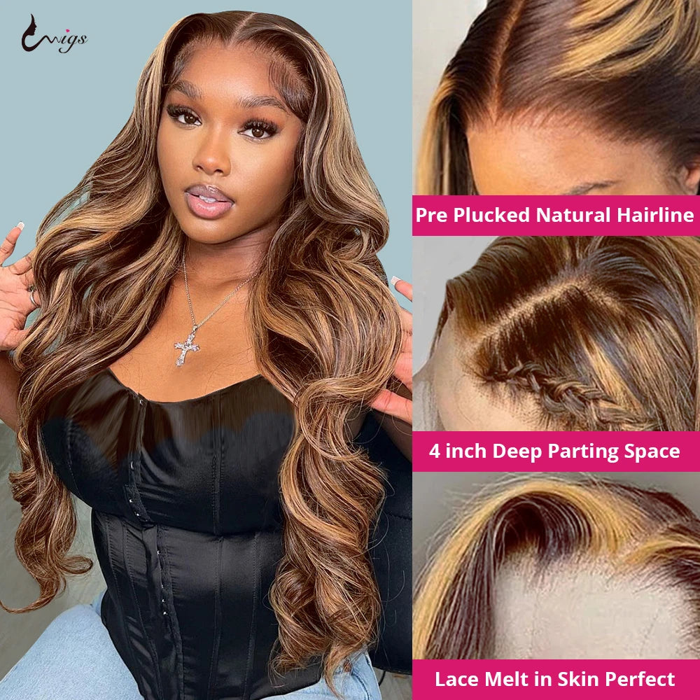 Highlight Body Wave 13X4 Lace Front Wigs Human Hair Honey Blonde Lace Front Human Hair Wigs Brazilian Body Wave Wig