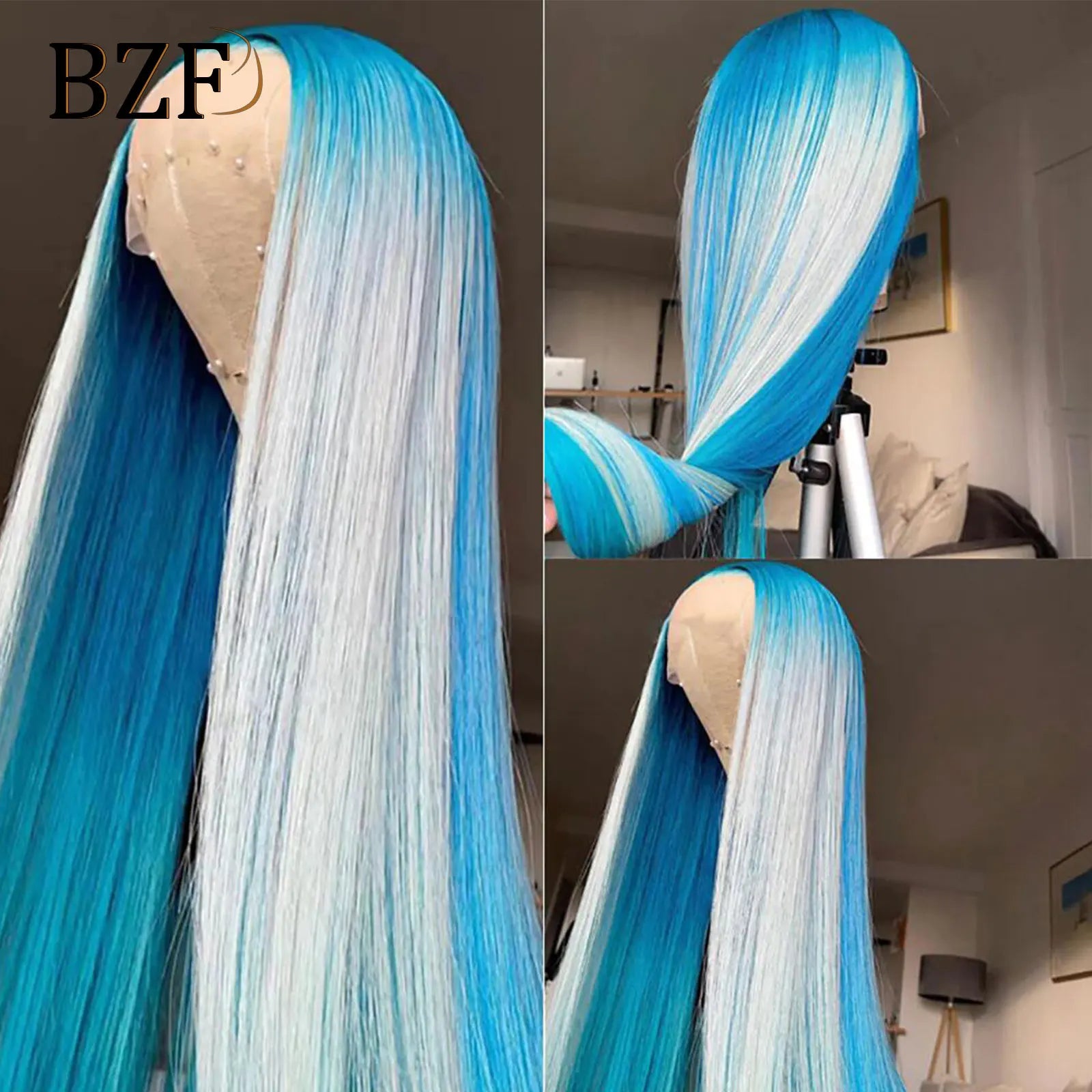 Ombre Blue Colored Lace Front Wigs for Women Cosplay Silver Grey Colored Wig Straight Synthetic Transparent Lace Wig