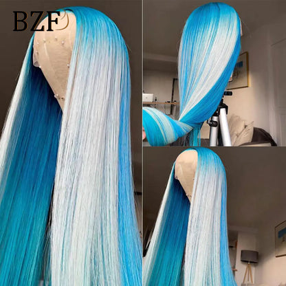 Ombre Blue Colored Lace Front Wigs for Women Cosplay Silver Grey Colored Wig Straight Synthetic Transparent Lace Wig