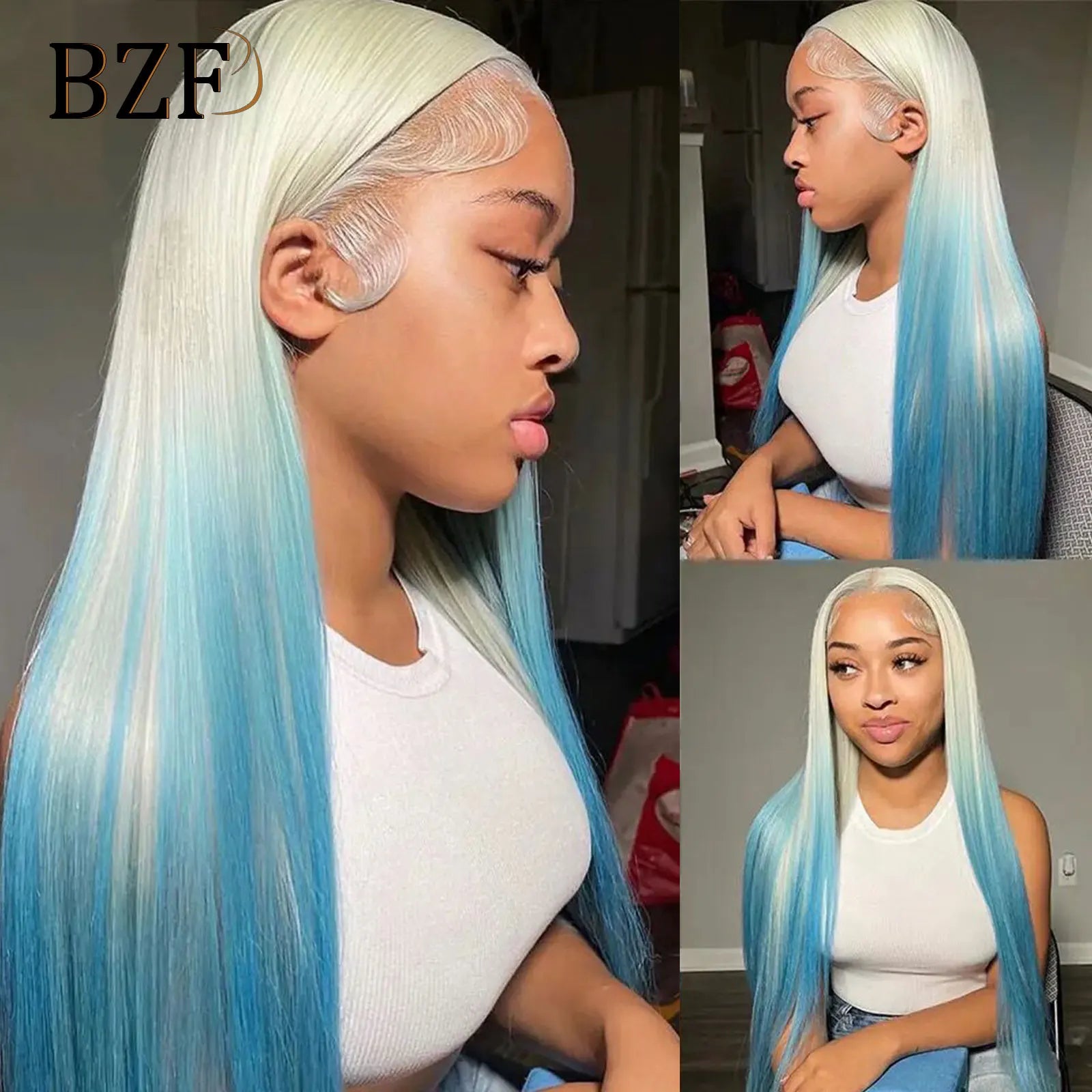 Ombre Blue Colored Lace Front Wigs for Women Cosplay Silver Grey Colored Wig Straight Synthetic Transparent Lace Wig