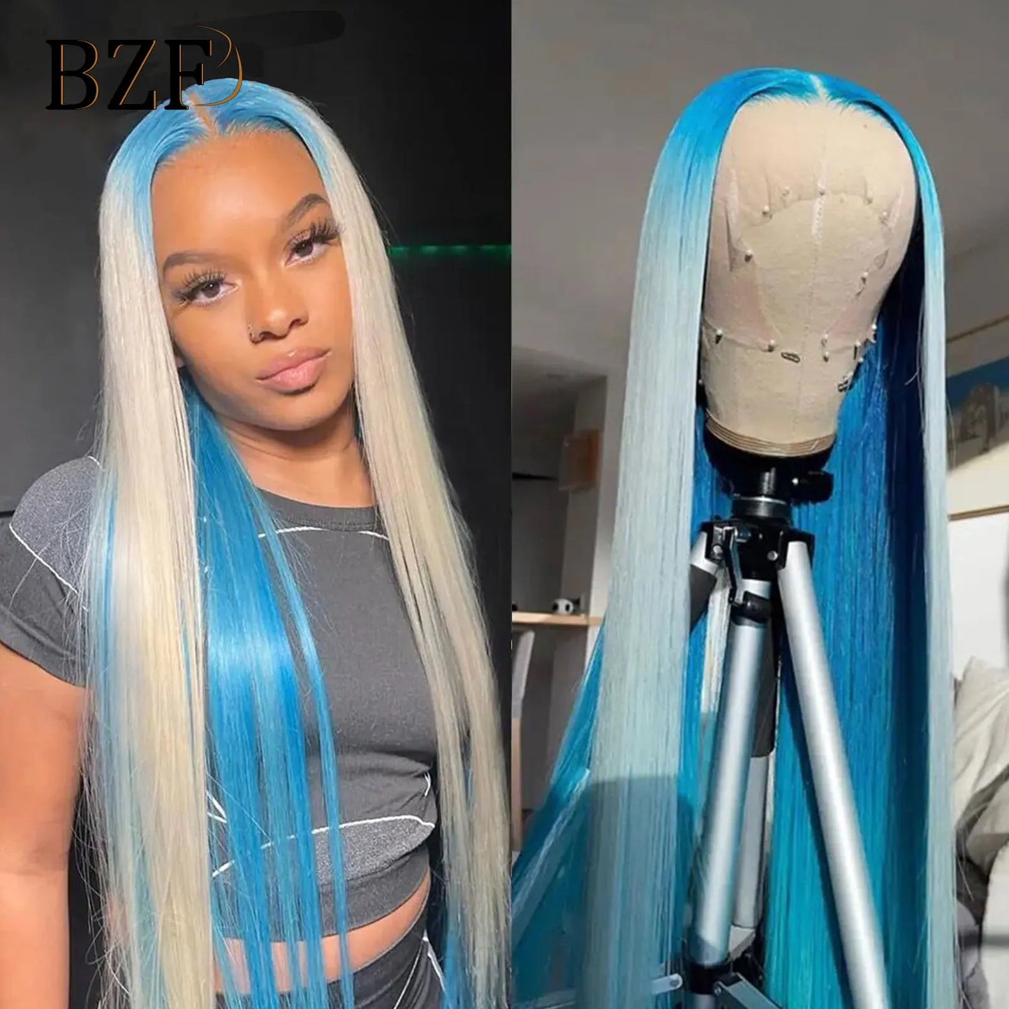 Ombre Blue Colored Lace Front Wigs for Women Cosplay Silver Grey Colored Wig Straight Synthetic Transparent Lace Wig