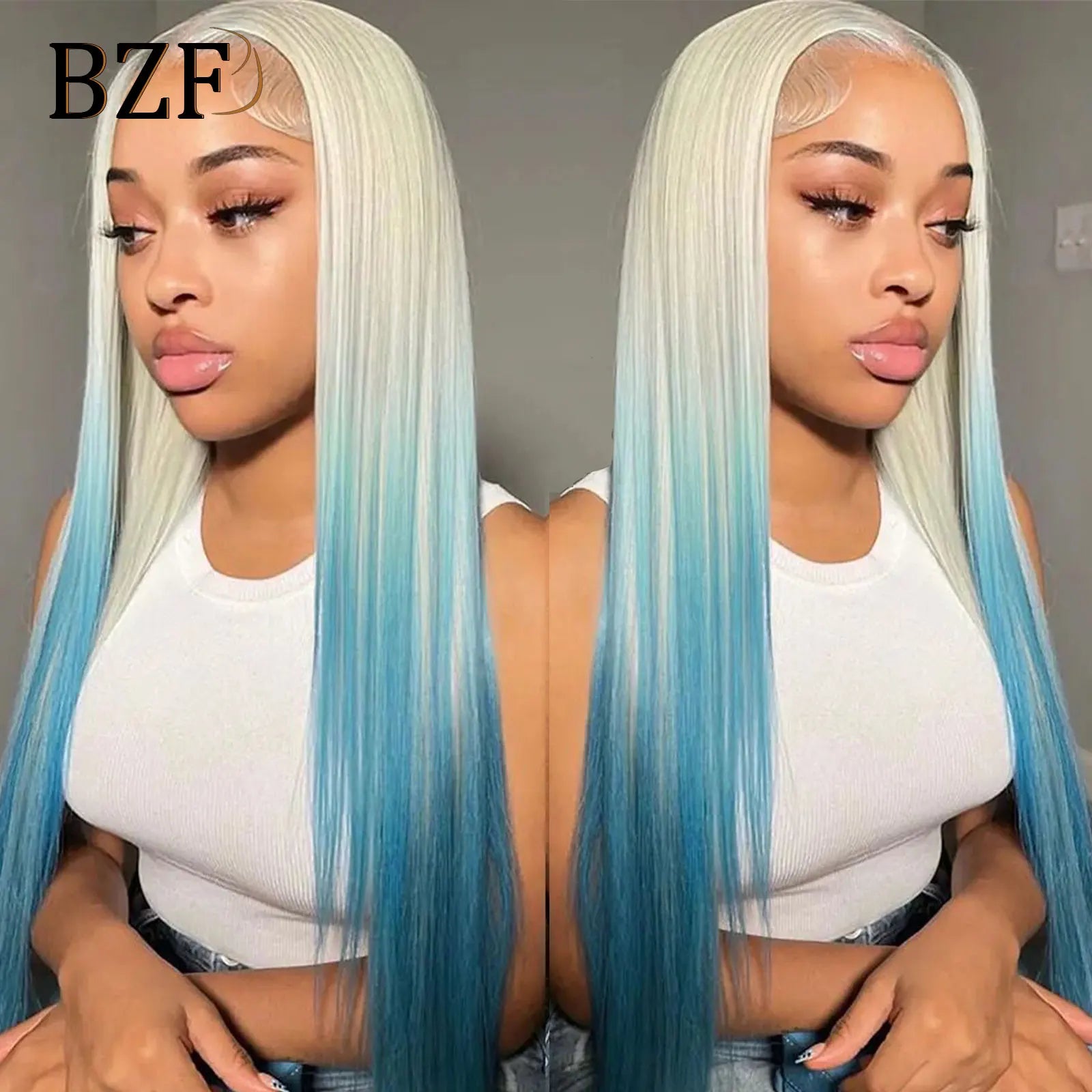 Ombre Blue Colored Lace Front Wigs for Women Cosplay Silver Grey Colored Wig Straight Synthetic Transparent Lace Wig