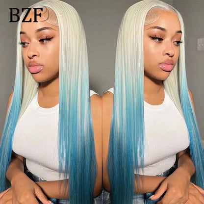 Ombre Blue Colored Lace Front Wigs for Women Cosplay Silver Grey Colored Wig Straight Synthetic Transparent Lace Wig