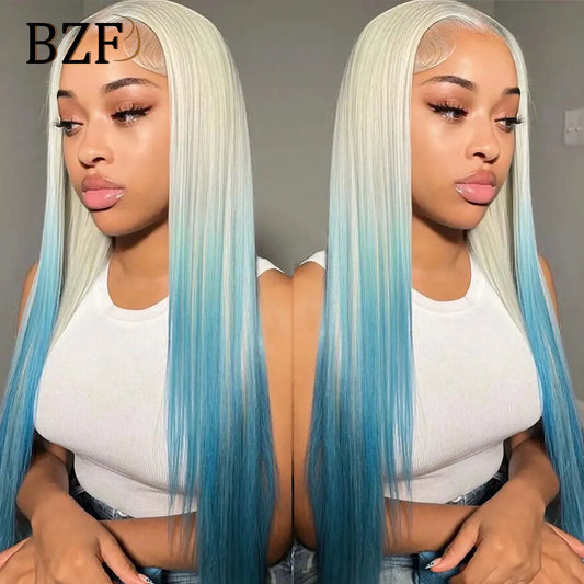 Ombre Blue Colored Lace Front Wigs for Women Cosplay Silver Grey Colored Wig Straight Synthetic Transparent Lace Wig
