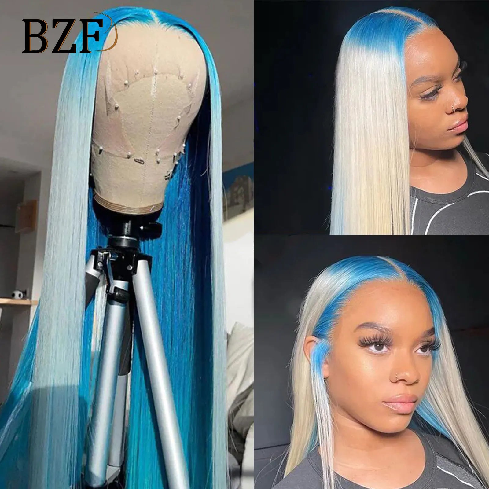 Ombre Blue Colored Lace Front Wigs for Women Cosplay Silver Grey Colored Wig Straight Synthetic Transparent Lace Wig