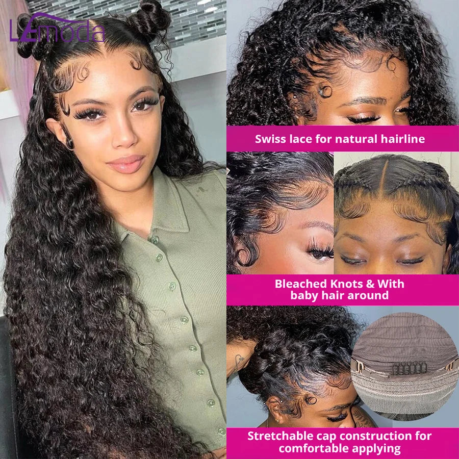 34Inch 13X6 Deep Wave Lace Front Wigs Human Hair 180% Density HD Frontal Water Wave Human Hair Wigs for Black Women Long Curly