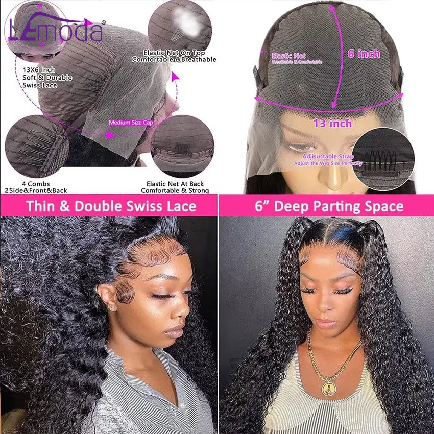 34Inch 13X6 Deep Wave Lace Front Wigs Human Hair 180% Density HD Frontal Water Wave Human Hair Wigs for Black Women Long Curly