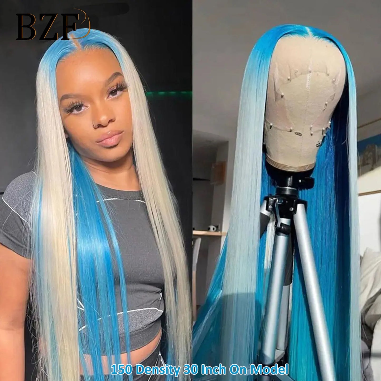 Ombre Blue Colored Lace Front Wigs for Women Cosplay Silver Grey Colored Wig Straight Synthetic Transparent Lace Wig